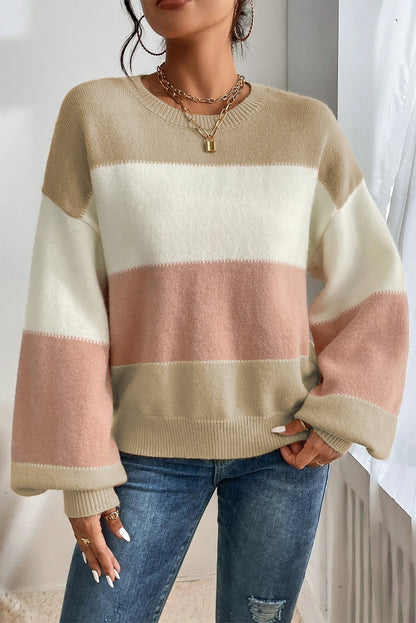 Blush Color Block Drop Shoulder Lantern Sleeve Sweater