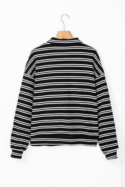 Textured Black Stripe Long Sleeve Quarter Zip Top