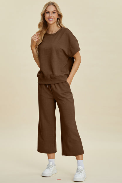 Double Take Full Size Texture Round Neck Top and Pants Set