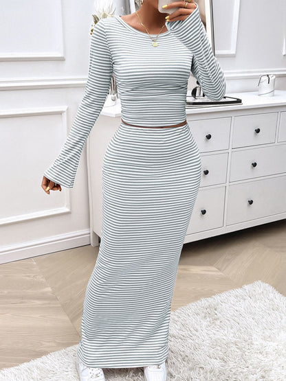 Devine Striped Boat Neck Top and Skirt Set for Effortless Elegance