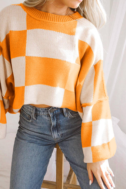 Orange Checkered Bishop Sleeve Sweater - Cozy & Chic