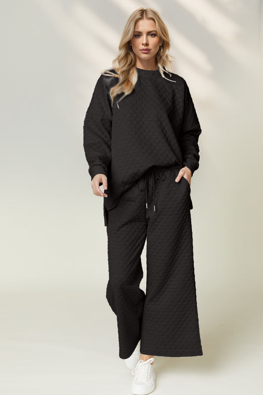 Double Take Checkered Slit High-Low Round Neck Top & Wide Leg Pants Set