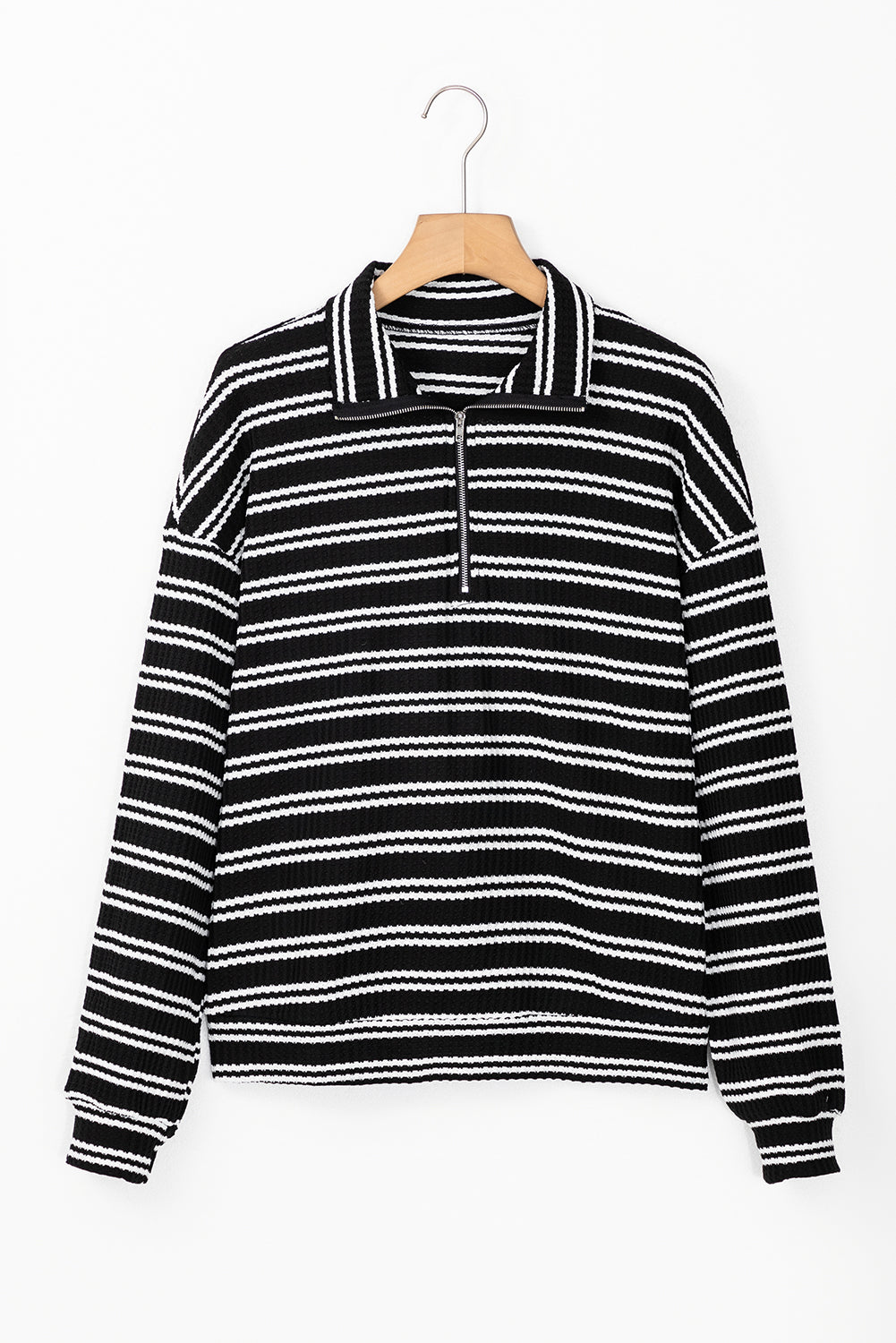 Textured Black Stripe Long Sleeve Quarter Zip Top