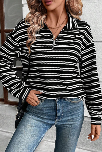 Textured Black Stripe Long Sleeve Quarter Zip Top