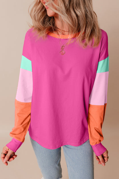 Rose Red Color Block Oversized Long Sleeve Top