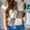 Khaki Checkered Color Block Crew Neck Short Sleeve Sweater