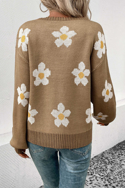 Perfee Floral Dropped Shoulder Sweater