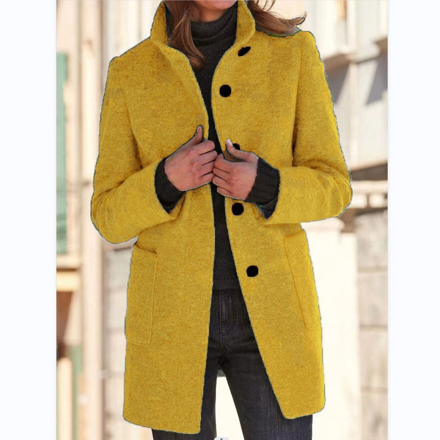 Chic Stand Collar Wool Blend Coat with Pockets for Women - Stylish Fall Winter Outerwear