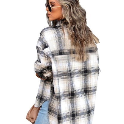 Chic Plaid Woolen Cardigan Coat for Women - Loose Fit Elegance