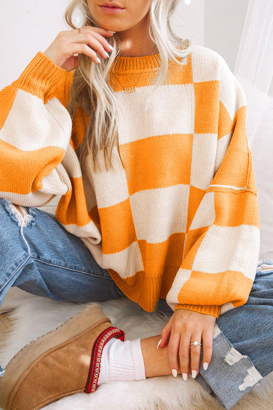 Orange Checkered Bishop Sleeve Sweater - Cozy & Chic