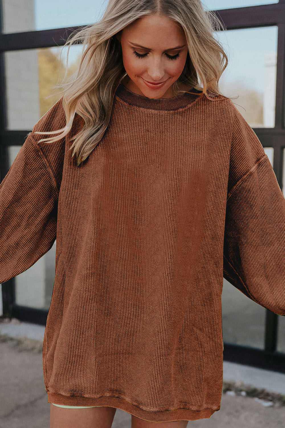 Chestnut Ribbed Corduroy Oversized Sweatshirt