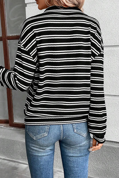 Textured Black Stripe Long Sleeve Quarter Zip Top