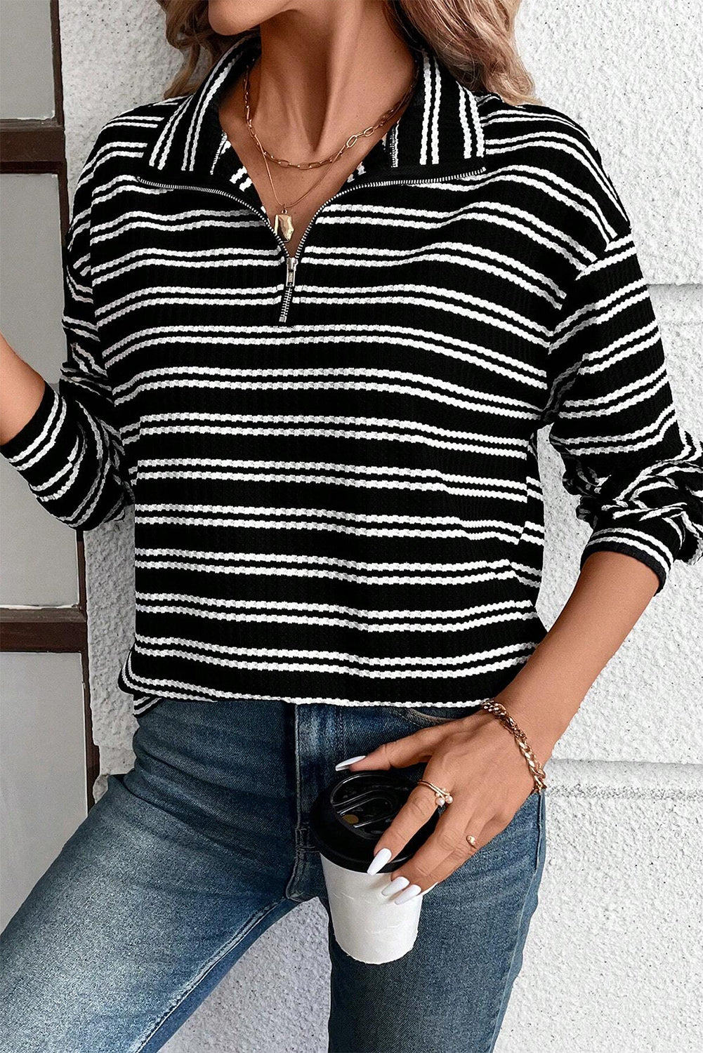 Textured Black Stripe Long Sleeve Quarter Zip Top