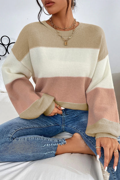 Blush Color Block Drop Shoulder Lantern Sleeve Sweater