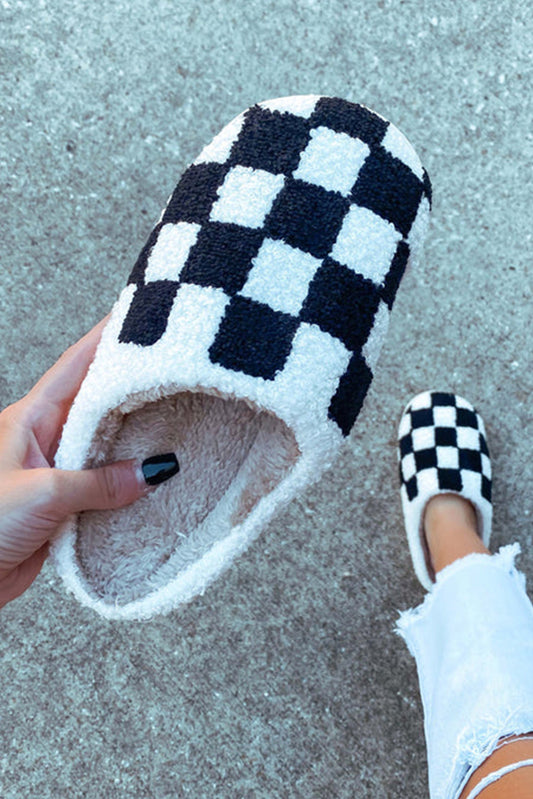 Cozy Black Checkered Print Fuzzy Slip-On Winter Slippers