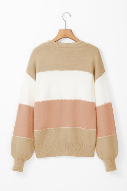 Blush Color Block Drop Shoulder Lantern Sleeve Sweater