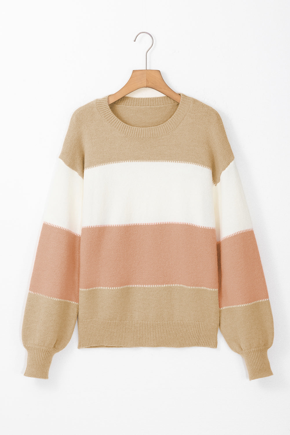 Blush Color Block Drop Shoulder Lantern Sleeve Sweater