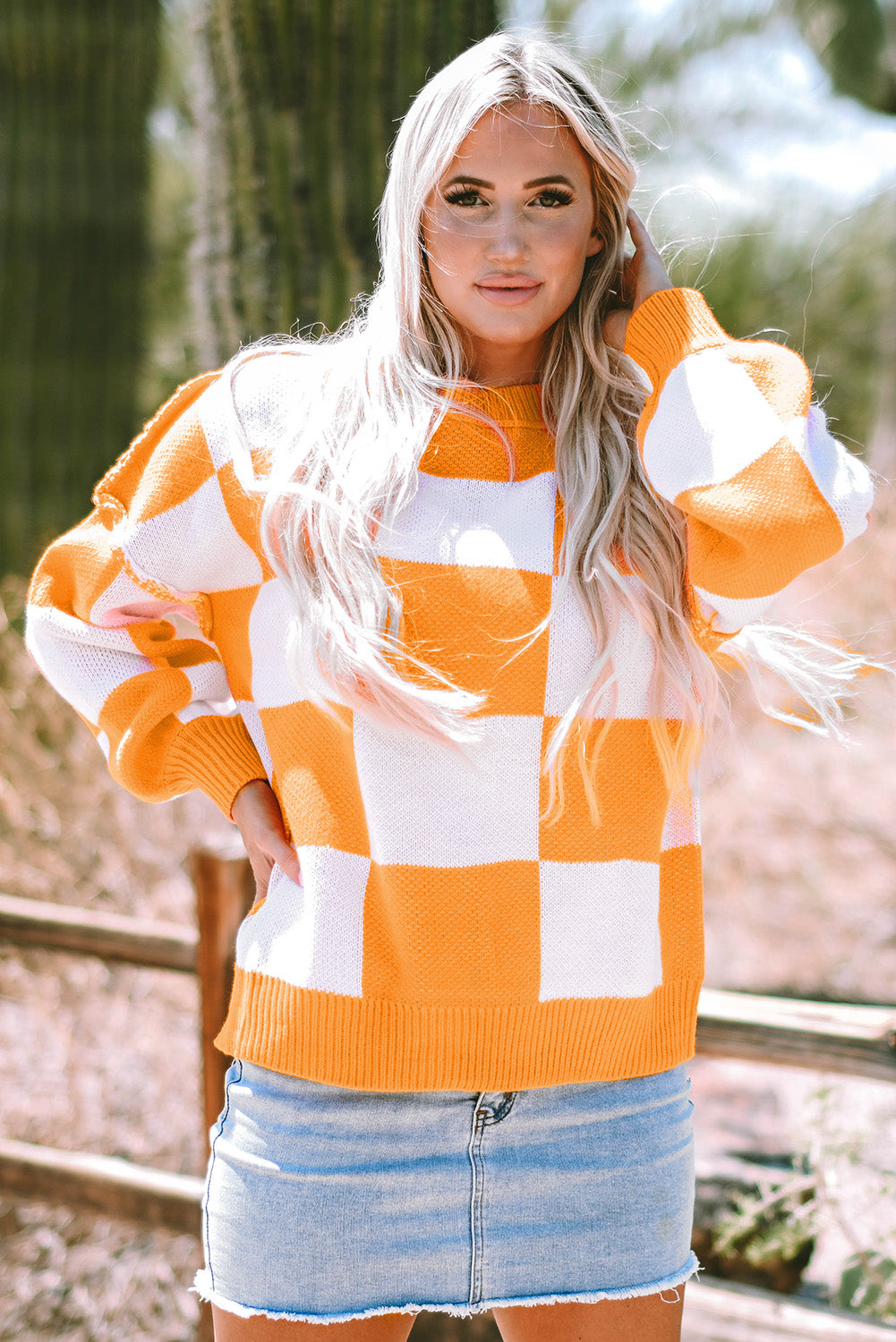 Orange Checkered Bishop Sleeve Sweater - Cozy & Chic