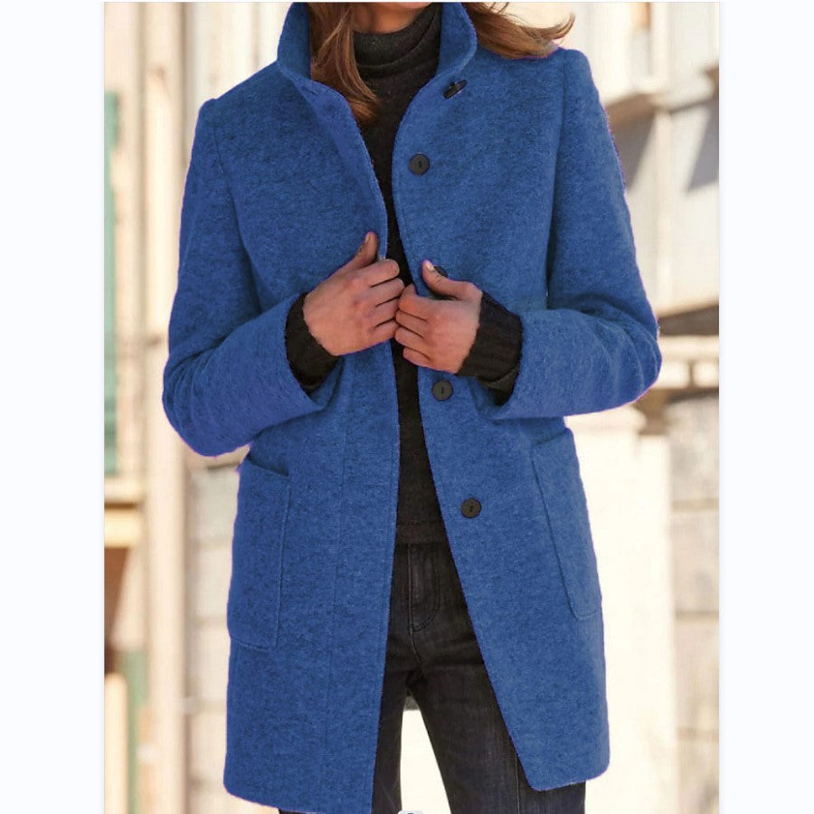 Chic Stand Collar Wool Blend Coat with Pockets for Women - Stylish Fall Winter Outerwear