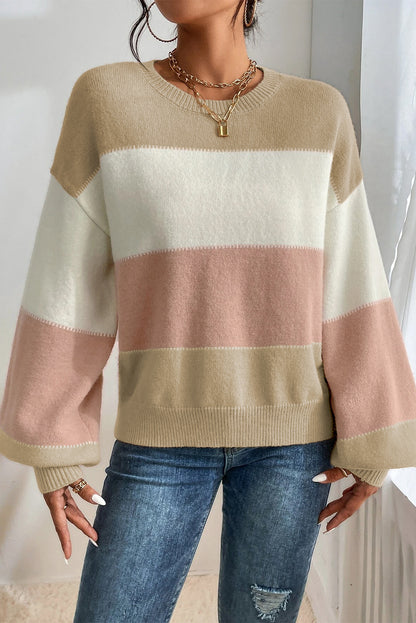 Blush Color Block Drop Shoulder Lantern Sleeve Sweater