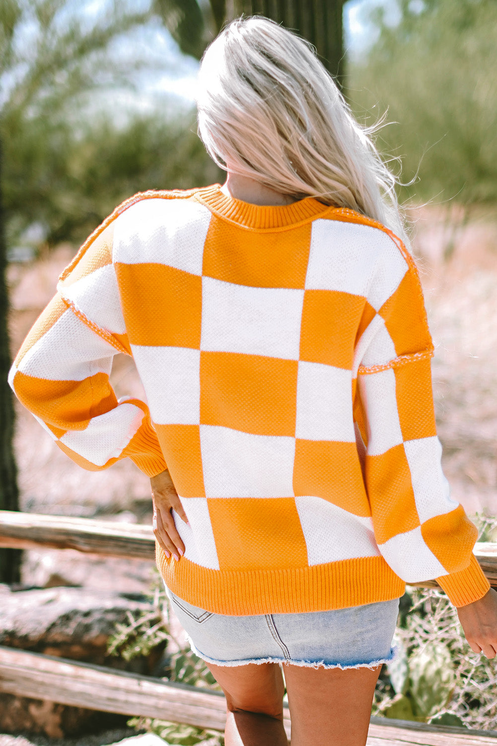 Orange Checkered Bishop Sleeve Sweater - Cozy & Chic