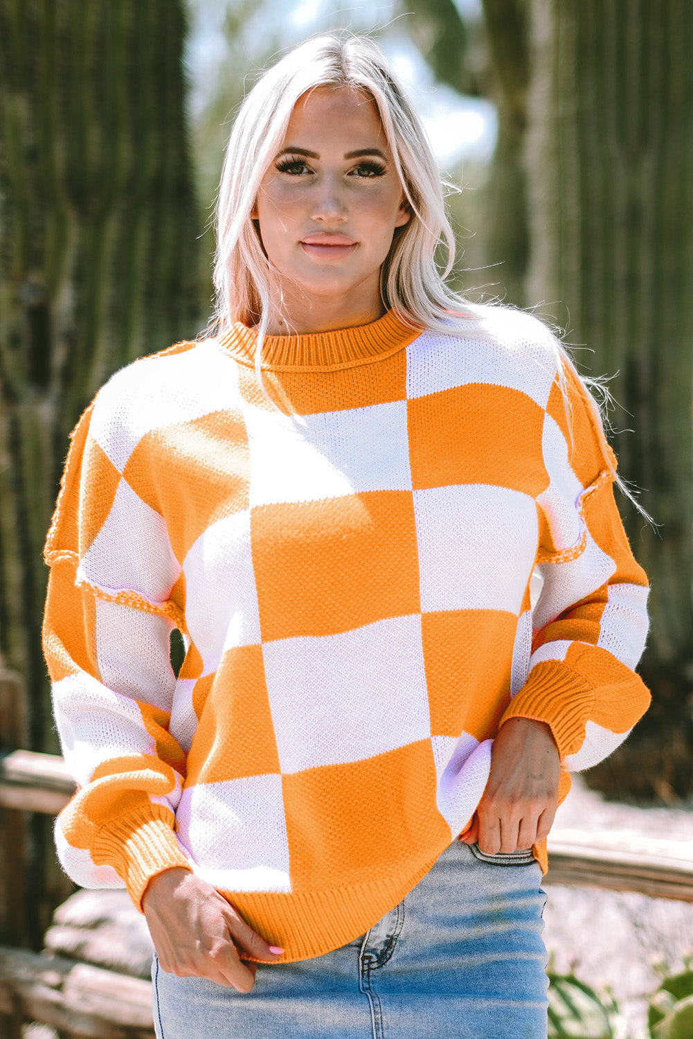 Orange Checkered Bishop Sleeve Sweater - Cozy & Chic