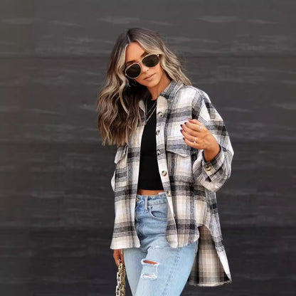 Chic Plaid Woolen Cardigan Coat for Women - Loose Fit Elegance