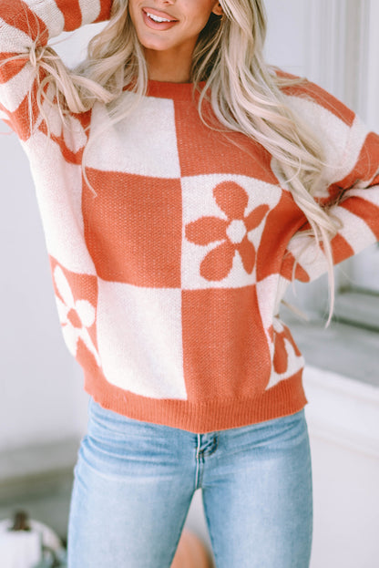 Brown Checkered Floral Print Striped Sleeve Sweater