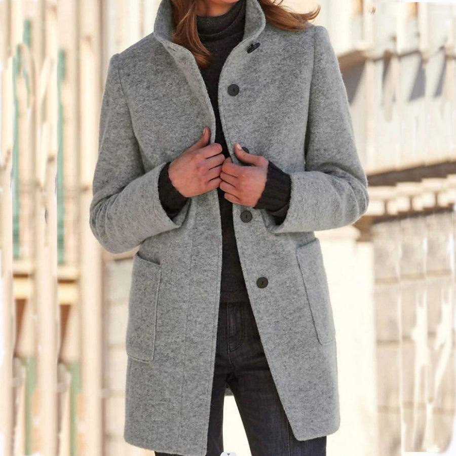 Chic Stand Collar Wool Blend Coat with Pockets for Women - Stylish Fall Winter Outerwear