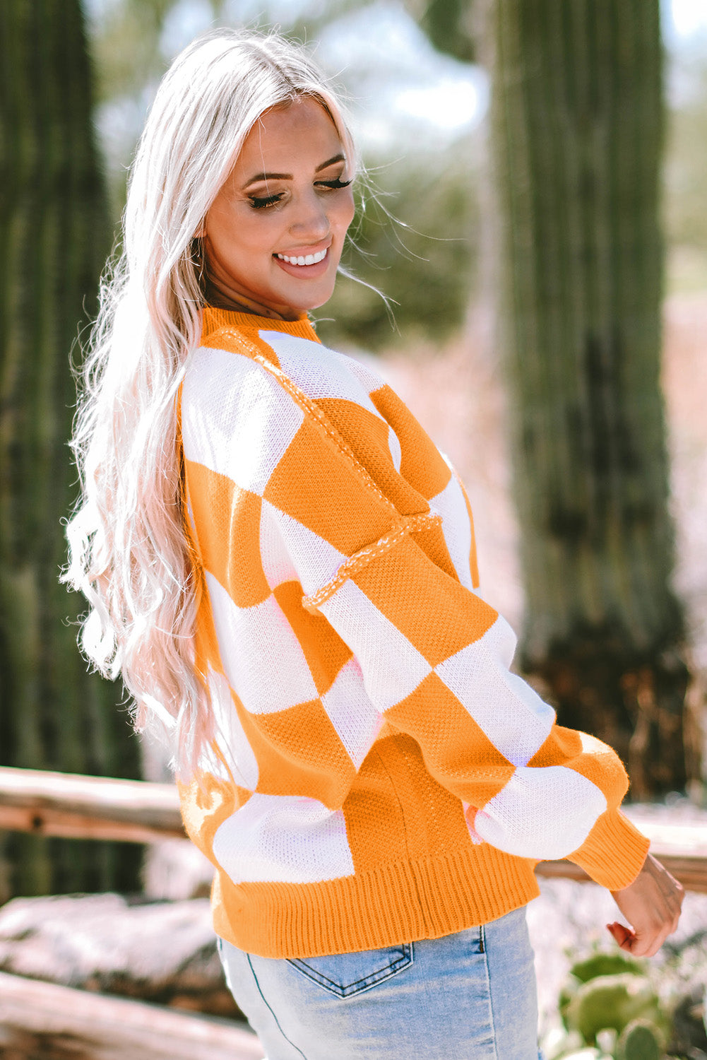 Orange Checkered Bishop Sleeve Sweater - Cozy & Chic