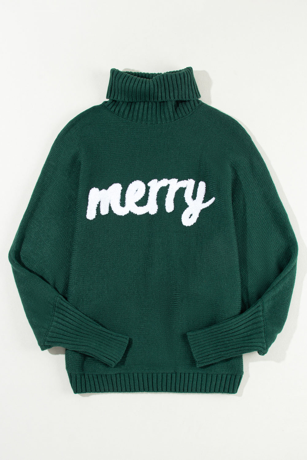 Embroidered High Neck Sweater - Blackish Green with Merry Design