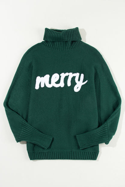 Embroidered High Neck Sweater - Blackish Green with Merry Design