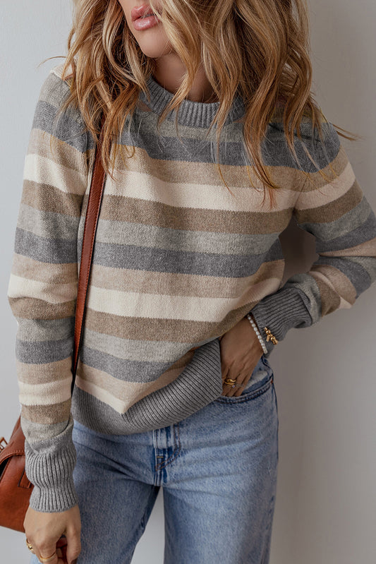 Color Block Gray Striped Round Neck Sweater with Ribbed Edges