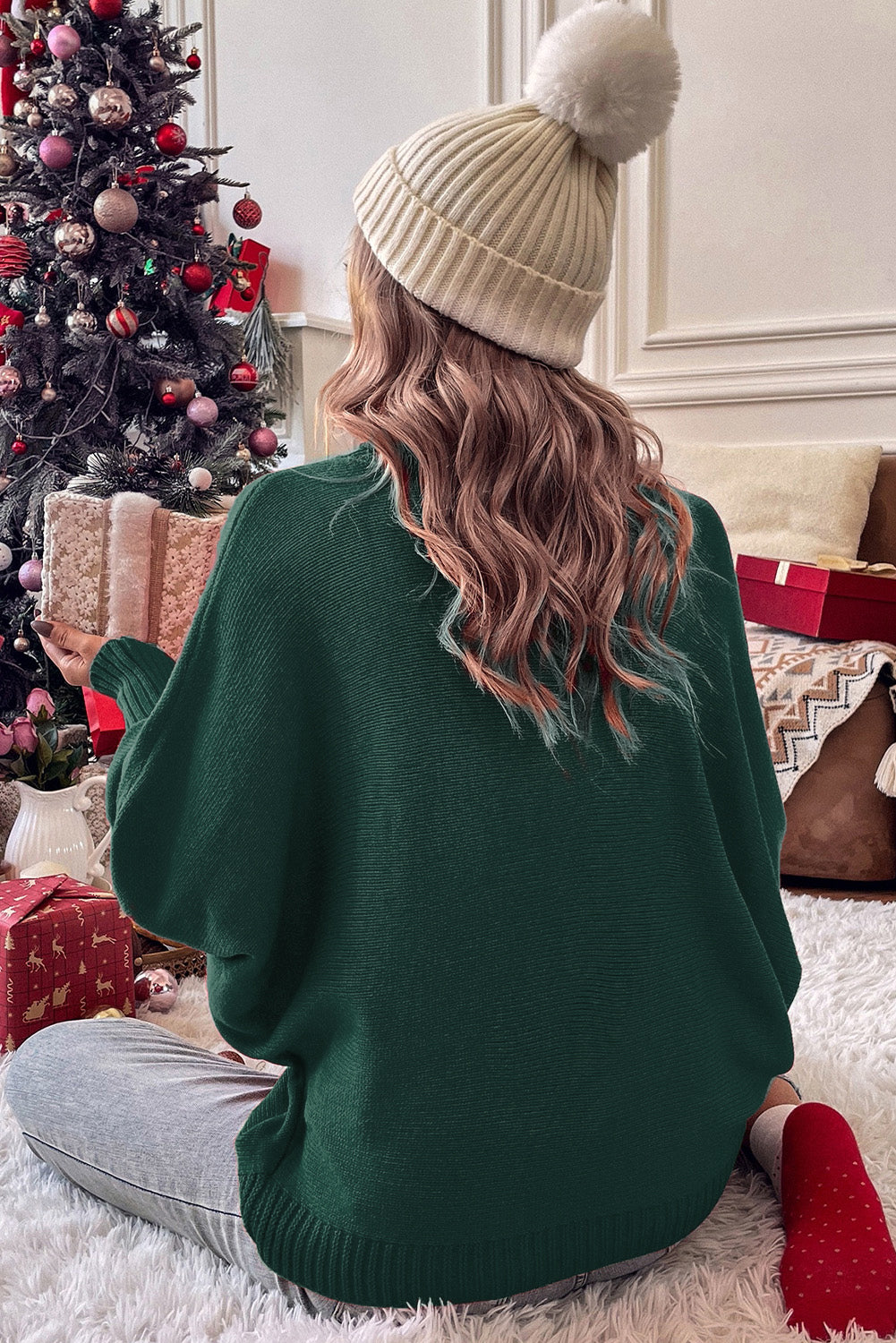 Embroidered High Neck Sweater - Blackish Green with Merry Design