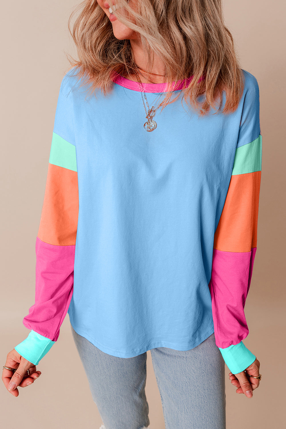 Navy Colorblock Oversized Long Sleeve Top