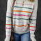 White Colorful Striped Ribbed Trim Sweater