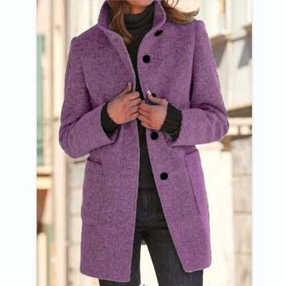 Chic Stand Collar Wool Blend Coat with Pockets for Women - Stylish Fall Winter Outerwear