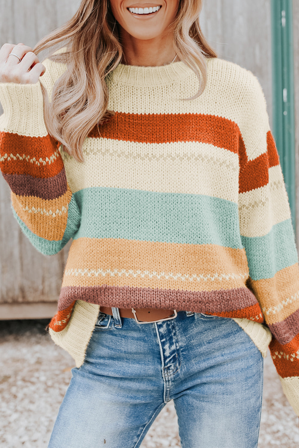 Color Block Striped Crew Neck Sweater with Drop-Shoulder Design