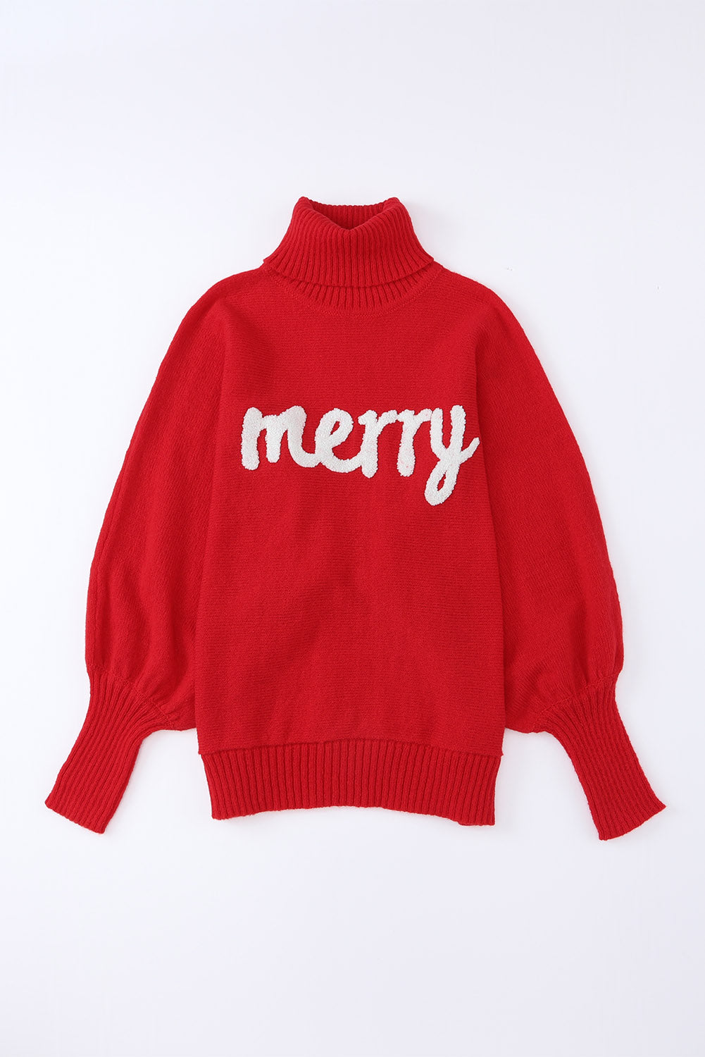 Festive Red Embroidered Turtleneck Sweater with Merry Letter Design