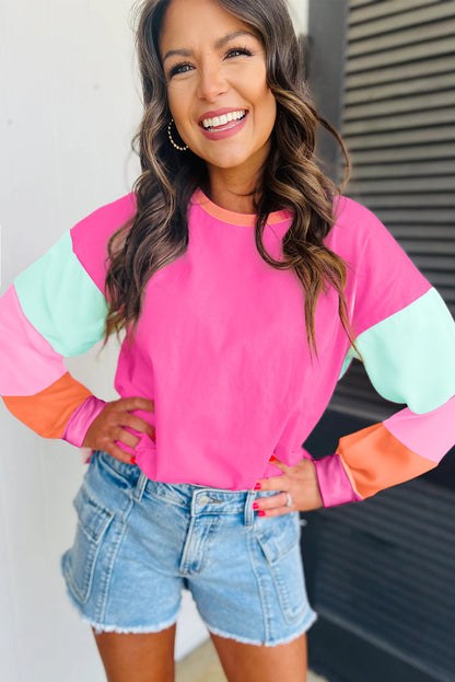 Rose Red Color Block Oversized Long Sleeve Top