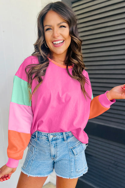 Rose Red Color Block Oversized Long Sleeve Top