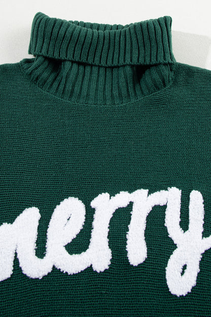 Embroidered High Neck Sweater - Blackish Green with Merry Design