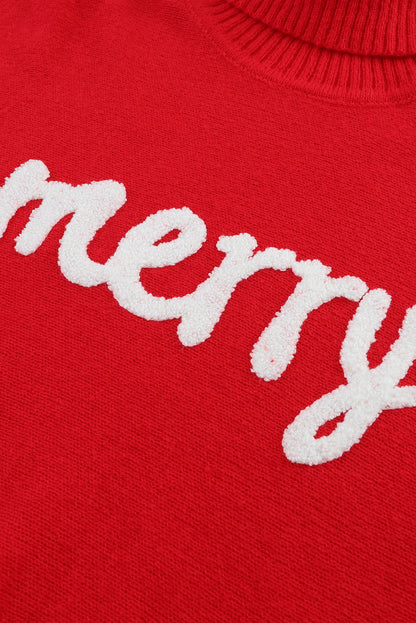 Festive Red Embroidered Turtleneck Sweater with Merry Letter Design