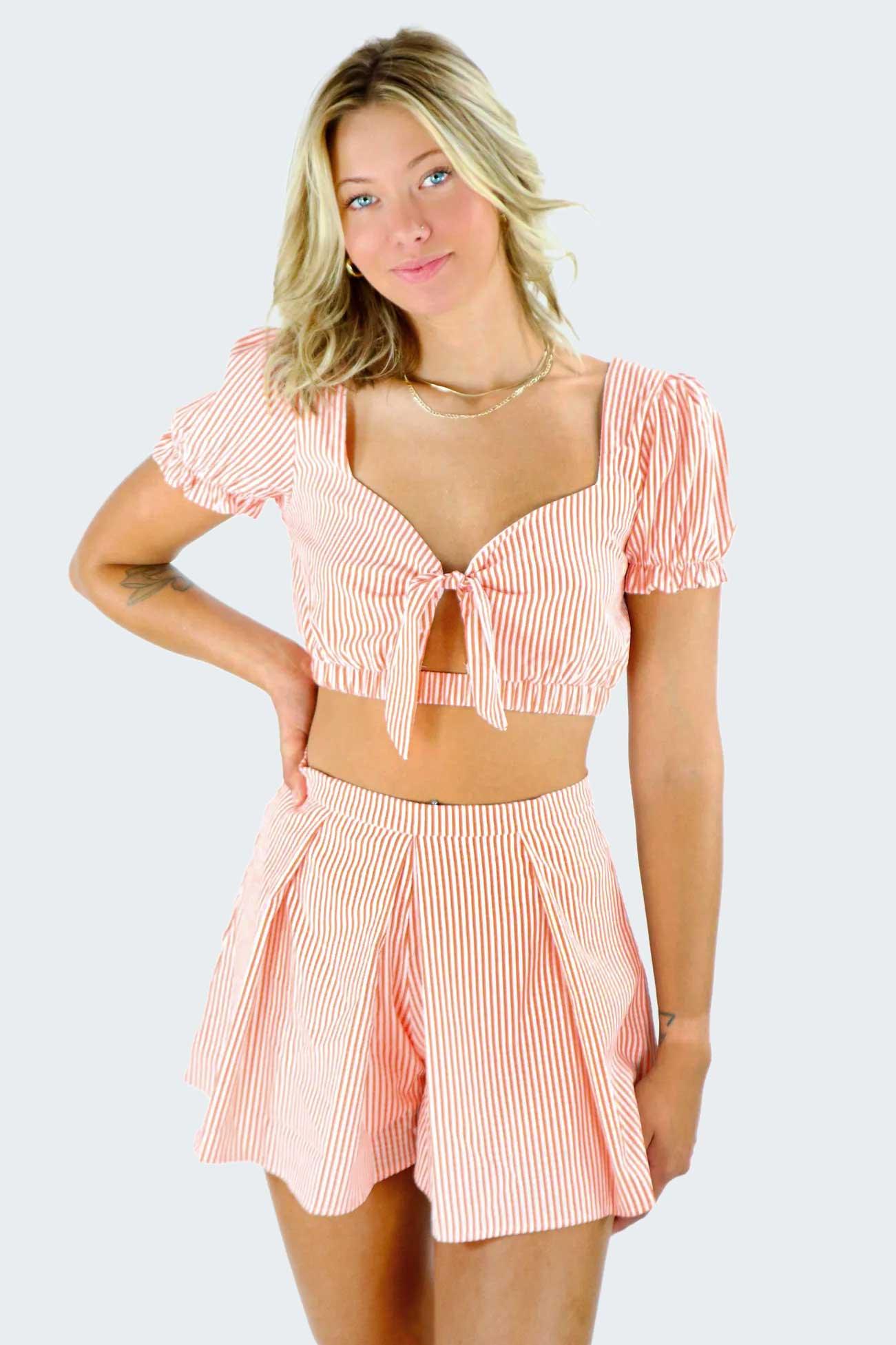 Stripe Self-Tie Crop Top High Waist Bottom Shorts Set-0