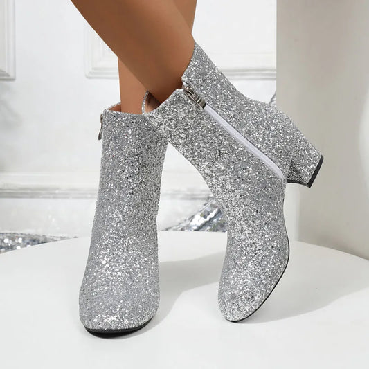 Fashion Sequins Chunky Heels Ankle Boots for Women