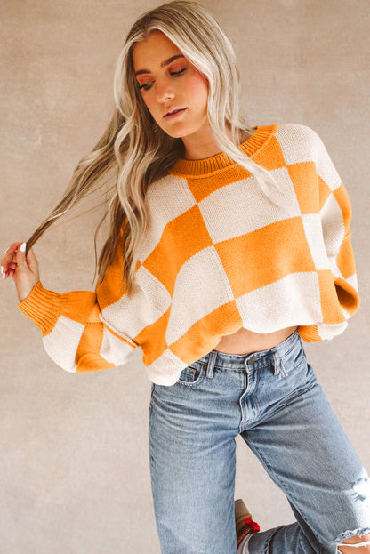 Orange Checkered Bishop Sleeve Sweater - Cozy & Chic