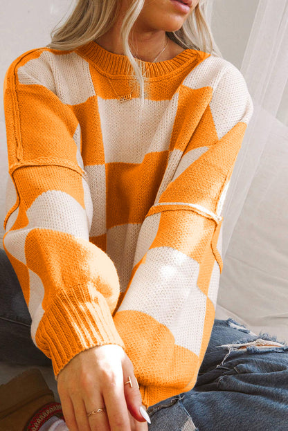 Orange Checkered Bishop Sleeve Sweater - Cozy & Chic