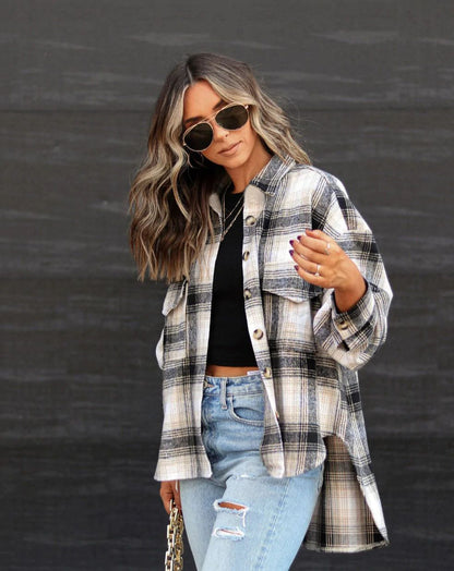 Chic Plaid Woolen Cardigan Coat for Women - Loose Fit Elegance