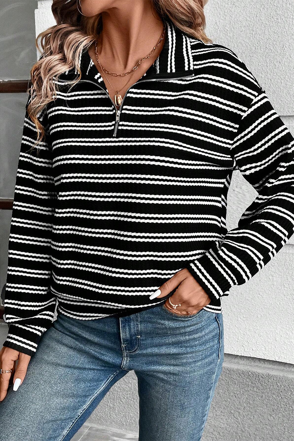 Textured Black Stripe Long Sleeve Quarter Zip Top