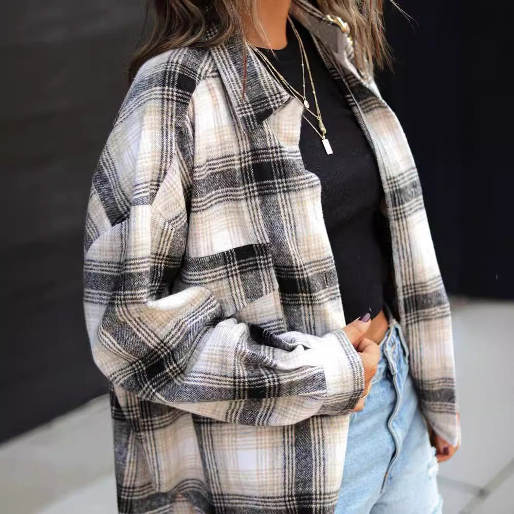 Chic Plaid Woolen Cardigan Coat for Women - Loose Fit Elegance